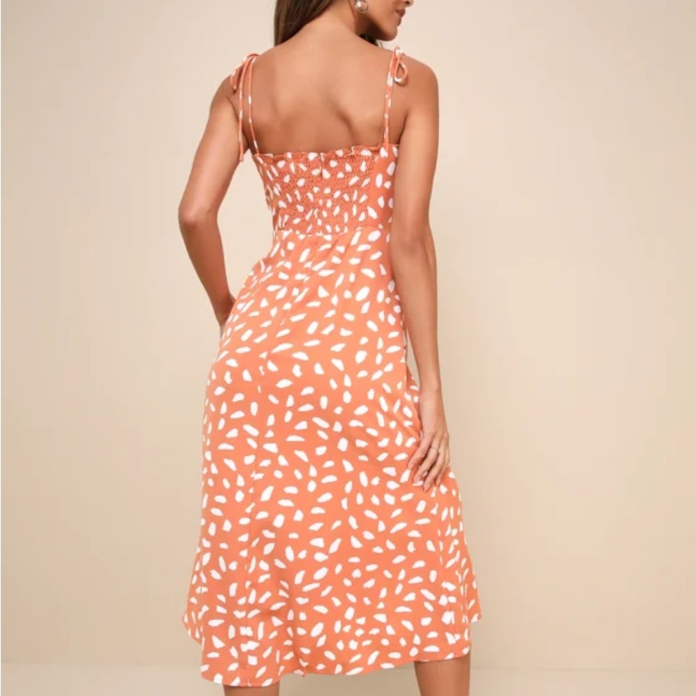 Lulus Party In Paris Light Orange Print Tie-strap Midi Dress - Size S - Picture 3 of 7